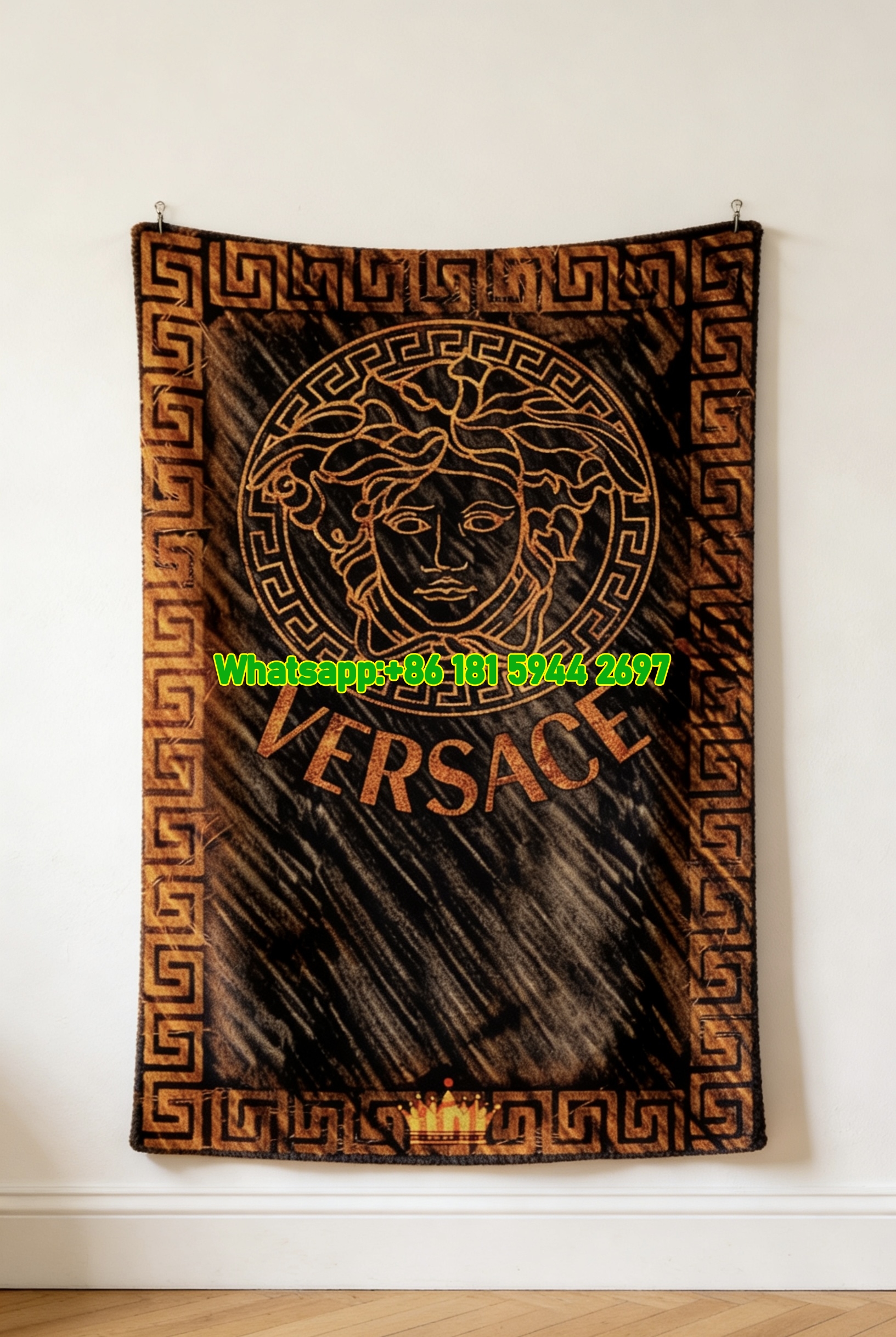 Versace Black Gold Vintage Medusa Greek Key Print Flannel Sofa Throw Blanket IMG_1414